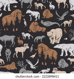 Hand-drawn Northern Animals And Birds. Vector  Seamless Pattern.