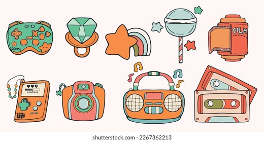 Hand-drawn Nostalgic 90’s Elements nineties audio retro pop