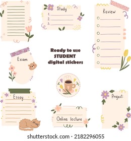 Hand-drawn Note Papers And Stickers For Bullet Journaling Or Planning. Ready To Use Student Digital Stickers. Back To School Doodle Stickers. Vector Art.