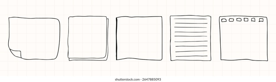 Hand-drawn notebook icons on grid paper. Five styles: folded, closed, open, lined, and tabbed. Simple, minimalist design for notes and notebooks. Hand drawn illustrations, vector set.