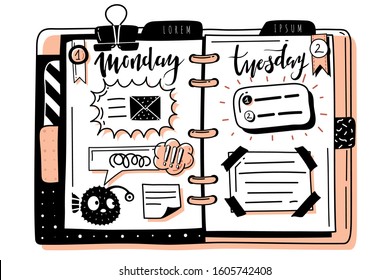 Hand-drawn Notepad spread pattern. Frames, dialog boxes. Days of the week, Monday, Tuesday. Doodles on the pages of the diary. Vector illustration