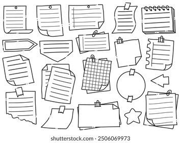 Papel de notas dibujado a mano y garabatos pegajosos | Vector Conjunto de Diseños de papel en blanco, notas y notas