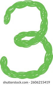 A hand-drawn number 3 in green vine style. Suitable for kids, stickers, posters, and learning materials.