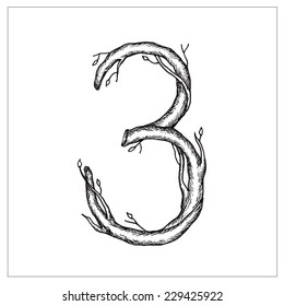 Hand-drawn numbers in the form of tree branches. Vector format isolated on white background. Hand-drawn numbers set. Vector illustration.
