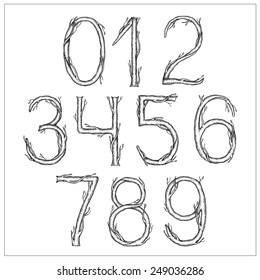Hand-drawn numbers in the form of tree branches. Vector format isolated on white background. Hand-drawn numbers set. Vector illustration.