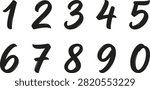 Hand-Drawn Numbers 0–9 Icon Set, Black Brush Stroke Digits with Ink Texture