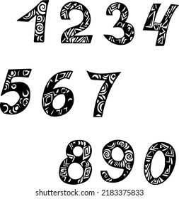 Hand-drawn numbers on a white background. ink. Numerology. Geometric print on the numbers. Decorative set of numbers. From 0 to 9. Doodle. Math doodle. Education. Decor. Holidays. Geometric print.
