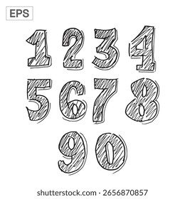Números desenhados à mão Definidos de 1 a 9 e 0