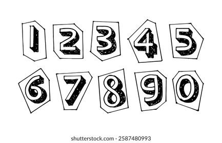 Hand-drawn numbers zero to nine quirky doodle cartoon vector elements.