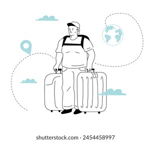 A hand-drawn obese man with suitcases at the airport, waiting for departure. The concept of a single person's journey.