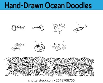 Hand-Drawn Ocean Doodles – Fish, Sea Creatures Wave Pattern Vector Set