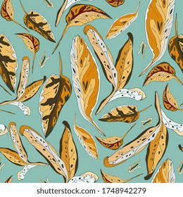 Hand-drawn ochre palm leaves on light blue color background. Seamless vector floral pattern. Square repeating design for fabric and wallpaper.