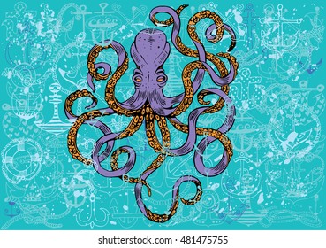 Hand-drawn Octopus and Anchors