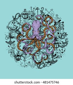 Hand-drawn Octopus and Anchors in the circle