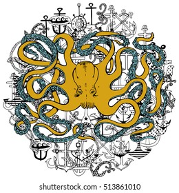 Hand-drawn Octopus and Anchors in the circle