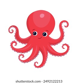 A hand-drawn octopus swims in the ocean. An underwater mollusk. Cute octopus isolated on a white background. Vector illustration.