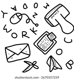Handgezeichnetes Bürodoodle-Set mit Arbeitssymbolen wie Umschlag, Stempel, Papierdokument, Maus, Schere und Papierebene im schwarz-weißen Skizzenstil.