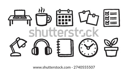 Hand-drawn office and productivity icon set featuring a laptop, coffee mug, calendar, notebook, and clock in a black and white doodle style.