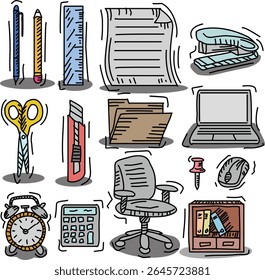 Hand-drawn office supplies icons including pen, pencil, ruler, paper, scissors, laptop, chair, and more. Doodle sketch style, perfect for educational designs, infographics, and print materials.