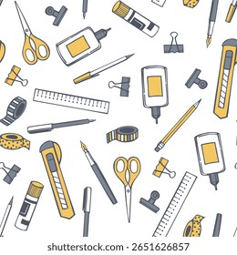 Hand-drawn office supplies. Vector seamless pattern. 