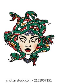 Hand-drawn old school medusa tattoo.
