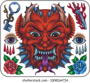 Hand-drawn Old School Tattoo Set Of Devil Hell Symbols Theme.