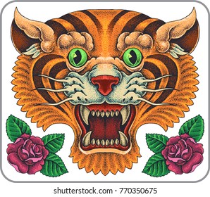 Hand-drawn old school tattoo set of tiger head.