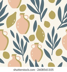 Hand-Drawn Olive Branch and Vase Pattern. Seasonal texture, perfect for textile, wrapping paper or print designs.
