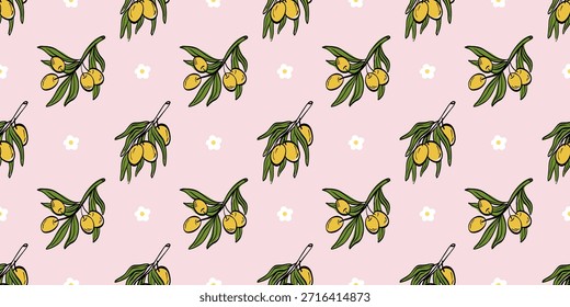 Fundo sem emenda da oliveira desenhado à mão com contornos botânicos simples. Adequado para design de comida italiana e grega, embalagem rústica e decoração de cozinha.