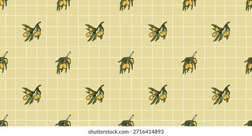 Fundo sem emenda da oliveira desenhado à mão com contornos botânicos simples. Adequado para design de comida italiana e grega, embalagem rústica e decoração de cozinha.