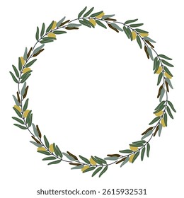 Hand-drawn olive wreath with green leaves and ripe olives in a circular botanical frame - perfect for Mediterranean food labels, invitations, organic branding, packaging, and natural product design.