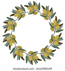 Hand-drawn olive wreath with green leaves and ripe olives in a circular botanical frame - perfect for Mediterranean food labels, invitations, organic branding, packaging, and natural product design.