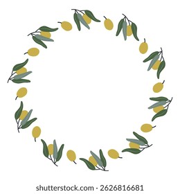 Hand-drawn olive wreath with green leaves and ripe olives in a circular botanical frame - perfect for Mediterranean food labels, invitations, organic branding, packaging, and natural product design.