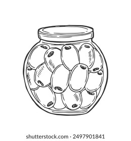 Hand-drawn olives in brine. Olives in a jar. Isolated food illustration on a white background