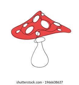 A hand-drawn one black line fly agaric mushroom with a red color. Vector illustration, isolated on white background. 