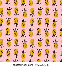 Hand-drawn one-line simple pineapple clipart for any design purposes. Minimalist doodle style vector graphics. Summer exotic fruits clipart. Funny small pineapples on pink background