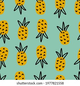 Hand-drawn one-line simple pineapple clipart for any design purposes. Minimalist doodle style vector graphics. Summer exotic fruits clipart. Funny pineapples on mint background