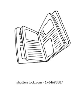 Hand-drawn open book with illustrations and text. Cute simple vector illustration. Isolated on a white background.