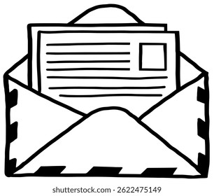Handgezeichneter offener Umschlag mit Letter Inside - Schwarz-Weiß-Linie Kunstgrafik