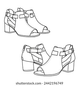 Hand-drawn open toe with straps back zipper sandals shoes and footwear line art, ankle strap. Front, and top view isolated on a white background