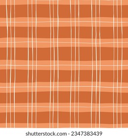 Hand-Drawn Orange and Brown Geometric Checks Vector Seamless Pattern. Modern Retro Palyful Print. Organic Square Shapes