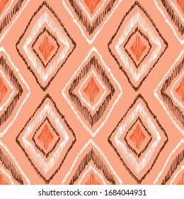 Hand-Drawn Orange and Brown Traditional Large Scale Ikat Diamonds Vector Seamless Pattern. Modern Large Scale Woven Geometric Print, Perfect for Textiles, Fashion, Background. Tribal Boho Texture