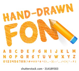 Hand-drawn Orange Font Drawn With Highly Detailed Orange Pencil. The Alphabet In Style Of Sketch. Vector Sketch Letters And Figures