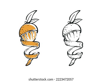 Hand-drawn of orange fruit half peeling skin illustration with leaves vector design