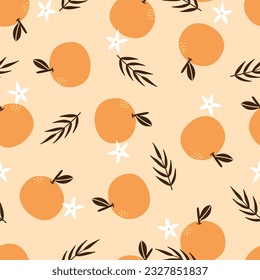 Hand-drawn orange fruit pattern on a cute cartoon background. Tropical freshness in every slice: juicy orange fruit seamless pattern in a whimsical flat style