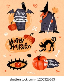 Hand-drawn orange halloween stickers with a witch in a hat, a cat, a raven, a coffin, a pumpkin, an eye and a lettering