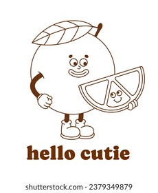 The hand-drawn orange retro character with a slogan. Vector sticker in trendy retro cartoon style. Fruit, healthy food.