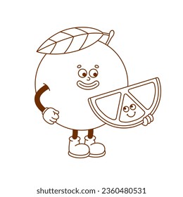 The hand-drawn orange retro character. Vector illustration in trendy retro cartoon style. Fruit, healthy food.