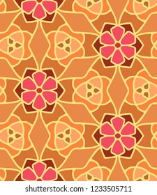Hand-drawn orange seamless vector pattern with flowers, trefoil knots and rhombs. 