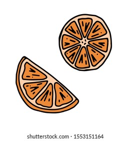 hand-drawn orange slices. Color vector illustration.The design element is isolated on a white background. Food sketch.